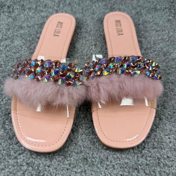 Faux Fur & Rhinestone Embellished Pink Slide Sandals Miss Lola Size 9 Slip On - Picture 7 of 16